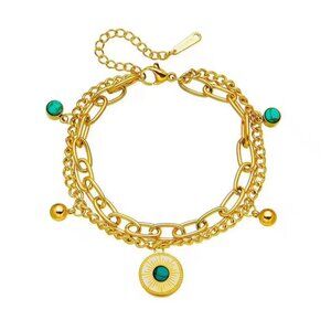 18K Gold Plated Double Layer Bracelet Blue Stone Charm Vintage